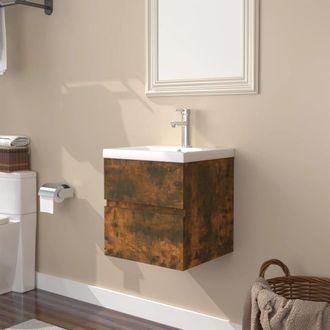 Berkfield Home Sink Cabinet with Built-in Basin Smoked Oak Engineered Wood in Brown