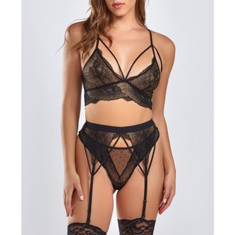 iCollection Romantic Lace Mesh Chemise Set in Black at Nordstrom, Size X-Large