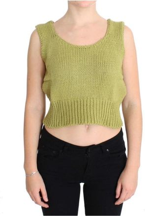Pink Memories Groene mouwloze gebreide vesttrui - Dames - Ronde hals truien - Groen - ONE Size - Katoen - Truien & Vesten