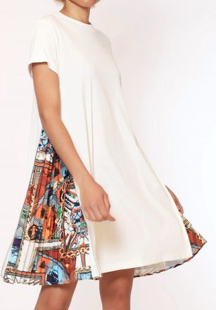 Gracia Short Sleeve Dress With Side Zipper Print Pleats In White