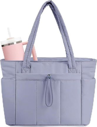 Generic Quilted Tote Bag with Cup Holder & Laptop Compartment, Large Capacity Cute Puffer Crossbody Travel Work Bags for Women (1, Purple)