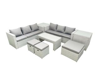 Fimous 9 Seater Garden Outdoor Rattan Furniture Set Rattan Garden Sofa Oblong Coffee Table with 3 Footstools 2 Side Tables Light Grey Mixed