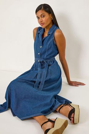 Roman Denim Button Through Midi Dress