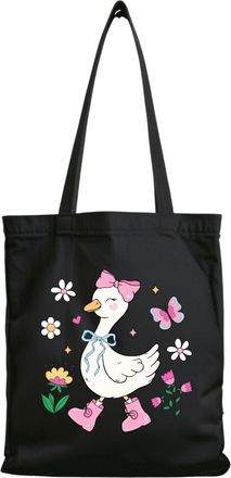Generic Coquette Black Canvas Tote Bag with Cute Duck Design, Floral Pattern, Pink Bow Accents