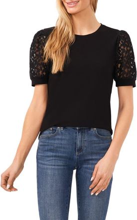 CeCe by Cynthia Steffe Lace Puff Sleeve Knit Top in Rich Black at Nordstrom, Size X-Small