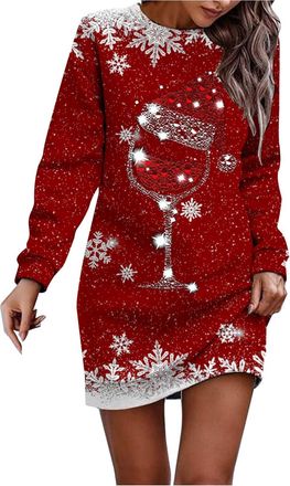 Generic Christmas Jumpers for Women UK Glitter Xmas Printed Sweatshirt Long Sleeve Crewneck Sweaters Winter Oversized Pullover Snowflake Red Wine Glass Print 
