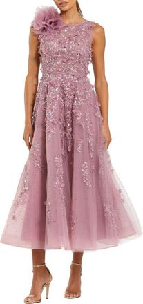 Mac Duggal High Neck Embellished Midi Dress with 3D Flower in Orchid at Nordstrom, Size 14