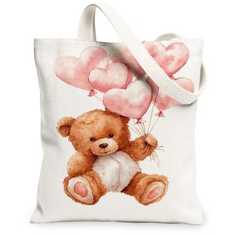 Generic Bear Canvas Tote Bags, Cute Animal Heart Balloon Pattern Reusable Grocery Bags, Spring Vintage Lightweight Washable Shoulde, White, 13x15 Inch