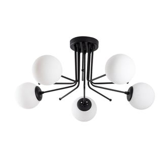 Wonderlamp Plaf&oacute;n de techo negro 5 luces con esferas cristal opal