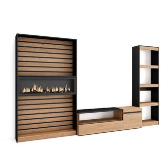 Skraut Home Muebles De Sal&oacute;n Para Tv, Conjunto De Muebles Comedor, 320x186x35cm, Chimenea El&eacute;ctrica, Estilo Moderno, Roble Y Negro - Skraut Home