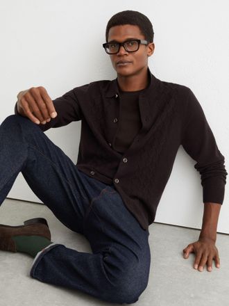 Reiss Chocolate Brown Wool V-stitch Button-through Cardigan, Xxl