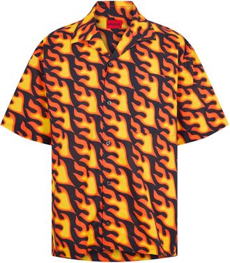 HUGO BOSS Hugo Mens Flame Graphic Notch Collar Short Sleeve Oxford Shirt in Miscellaneous - Multicolour - Size X-Large