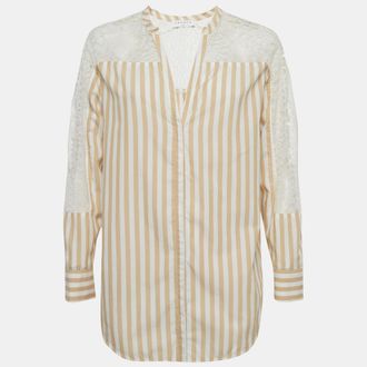 Sandro Beige & White Striped Cotton & Lace Shirt