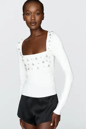 Anthropologie Maeve Embellished Square Neck Sweater