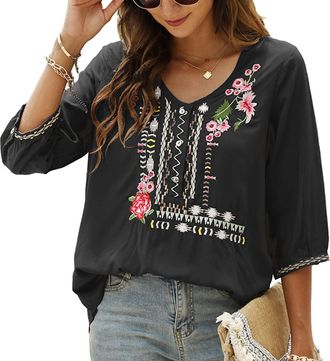JD Williams Womans Mexican Traditional Embroidery Blouse Summer Hippie Peasant Tops V Neck 3/4 Sleeve Casual Loose Tunic (049-Black, S)