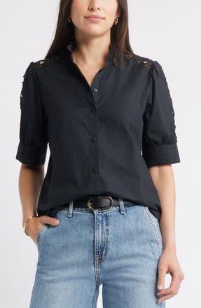 Caslon Ruffle Lace Appliqu&eacute; Cotton Top in Black at Nordstrom Rack, Size X-Small