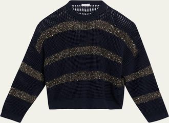 Brunello Cucinelli Pailette Striped Open-Knit Crewneck Sweater