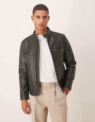 Mango Giacca in pelle sintetica nera senza colletto con tasche-Nero