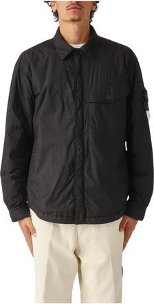 Stone Island Jassen, Heren, Zwart, M, Polyester, Crinkle Reps R-Ny Overshirt