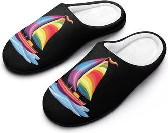 Generic Cute Rainbow Sailboat Mens House Slippers Memory Foam Washable Cotton Slip on Home Shoes