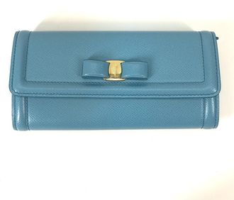 Ferragamo Blue Leather Long Wallet (Bi-Fold) (Pre-Owned)