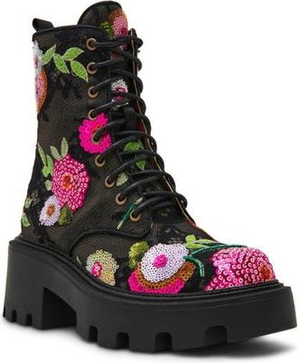 Betsey Johnson Zina Sequin Lace Combat Boot in Black Floral at Nordstrom, Size 6.5
