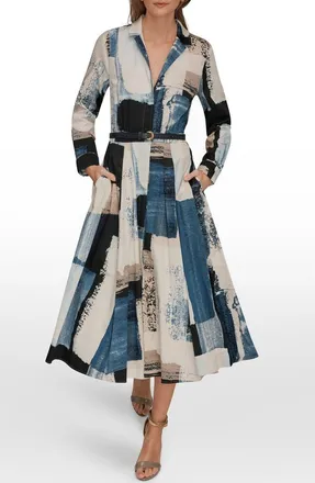 DKNY Print Pleated Long Sleeve Midi Dress in Wshd Indigo/Cream at Nordstrom, Size 14
