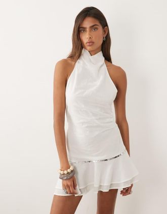 Mango Vestito da mare accollato bianco decorato con finiture con volant