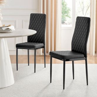 Furniturebox Set of 4 Milan High Back Soft Touch Diamond Pattern Faux Leather Dining Chairs With Black Powder Coated Metal Legs