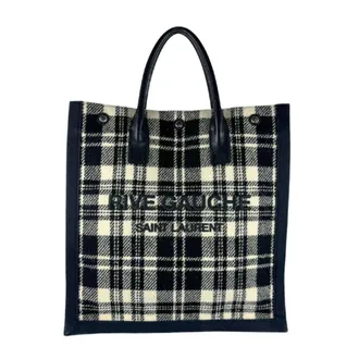 Saint Laurent Black White Leather Cotton Handbag Tote Bag (Pre-Owned)
