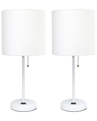 Lalia Home White Stick Lamp With Charging Outlet And Fabric Shade 2Pk Set
