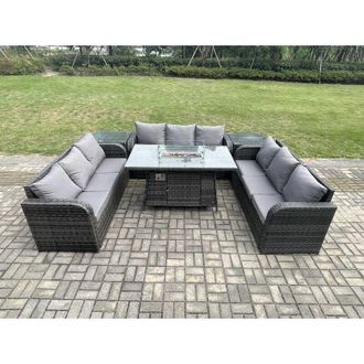 Fimous Rattan Furniture Garden Dining Set Gas Fire Pit Table With 2 Side Tables Lounge Sofa Dark Grey Mixed - Fimous