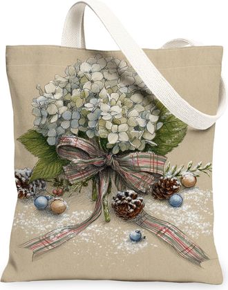 Generic Winter Floral Canvas Tote Bags, Elegant Hydrangea Design Reusable Grocery Bags, Vintage Rustic Lightweight Washable Shoulde, Beige, 13x15 Inch