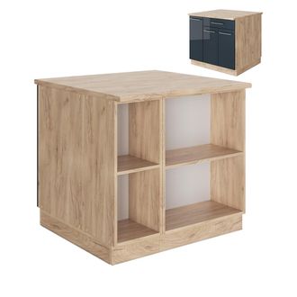Vicco Isla De Cocina Fame-line, Azul Oscuro Alto Brillo/roble Dorado, 90 Cm Con Caj&oacute;n, Sin Encimera