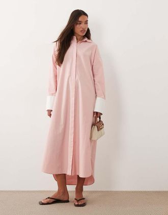 Asos Vestito camicia lungo rosa e bianco con polsini a contrasto