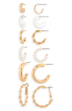 BP. Pack of 6 Assorted Hoop Earrings in Ivory- Gold at Nordstrom