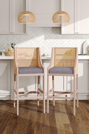 H&O Direct 2 Pcs Rattan Bar Stools with Backrest in Grey