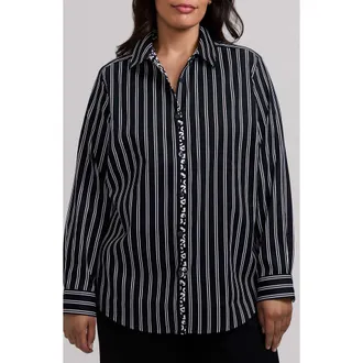 Foxcroft Charlie Stripe Animal Print Trim Cotton Button-Up Shirt in Black/white at Nordstrom, Size 14W