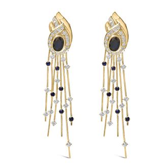 House of Brilliance 14K Yellow Gold 1.0 Cttw Diamond and Blue Sapphire Chandelier Earrings
