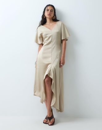 Asos vestito midi da giorno in raso con scollo a V color pietra-Grigio