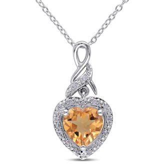 Amour Diamond and Citrine Heart Twist Pendant with Chain In Sterling Silver