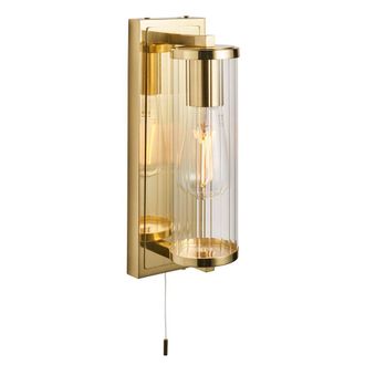 Loops Satin Brass Bathroom Wall Light & Ribbed Cylinder Glass Shade IP44 Rated Fitting in Clear