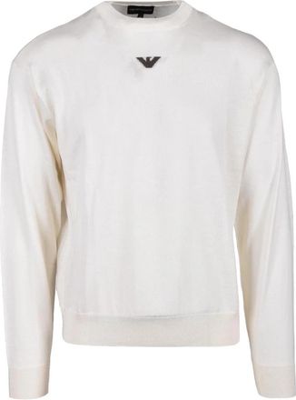Emporio Armani Rondgebreide trui - Heren - Ronde hals truien - Wit - 2XL - Wol - Truien & Vesten