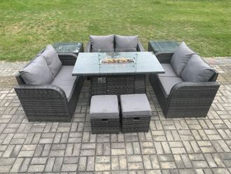 Fimous 8 Seater Outdoor Rattan Furniture Garden Dining Set Gas Fire Pit Table with Side Table Love Sofa 2 Small Footstools in Dark Grey