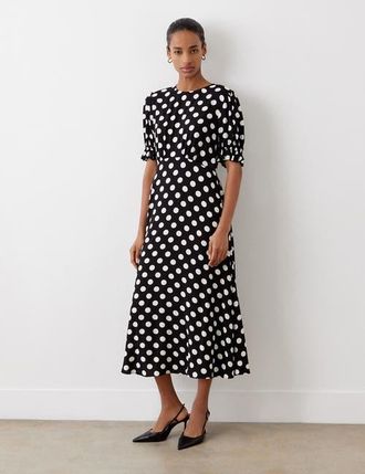 Finery Mela Polka Dot Midi Tea Dress in Black Spot at Nordstrom, Size 8
