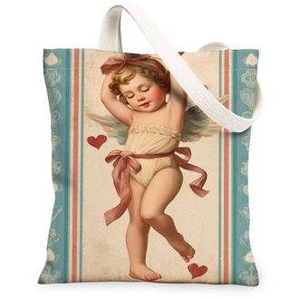 Generic Vintage Angel Canvas Tote Bags, Romantic Heart Pattern Reusable Grocery Bags, Lightweight Washable Shoulder Strap Canvas Fo, Blue, 13x15 Inch
