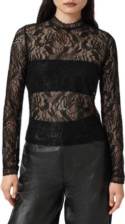 AllSaints Aria Embroidered Lace Long Sleeve Shirt in Black at Nordstrom, Size 12 Us