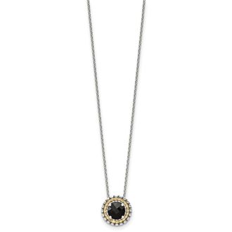 Diamond2Deal Sterling Silver with 14K Accent Checkerboard-cut Black Onyx Pendant Necklace