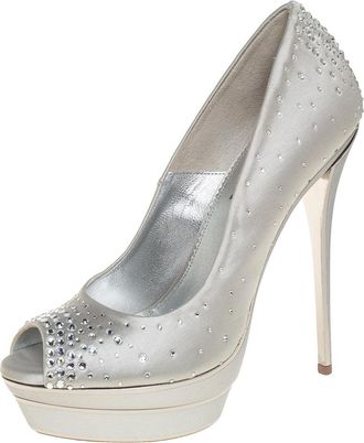 Loriblu Silver Satin Crystal Embellished Peep Toe Platform Pumps
