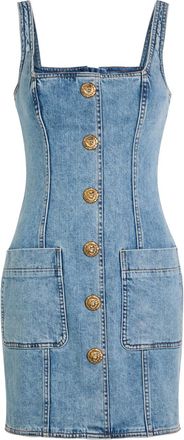 Balmain Button-embellished Stretch-denim Mini Dress - Light Blue - 38 (UK10 / S)